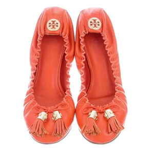 Tory Burch Reese Tassel Flats Orange Soft Pebbled Leather Gold-Tone Logo